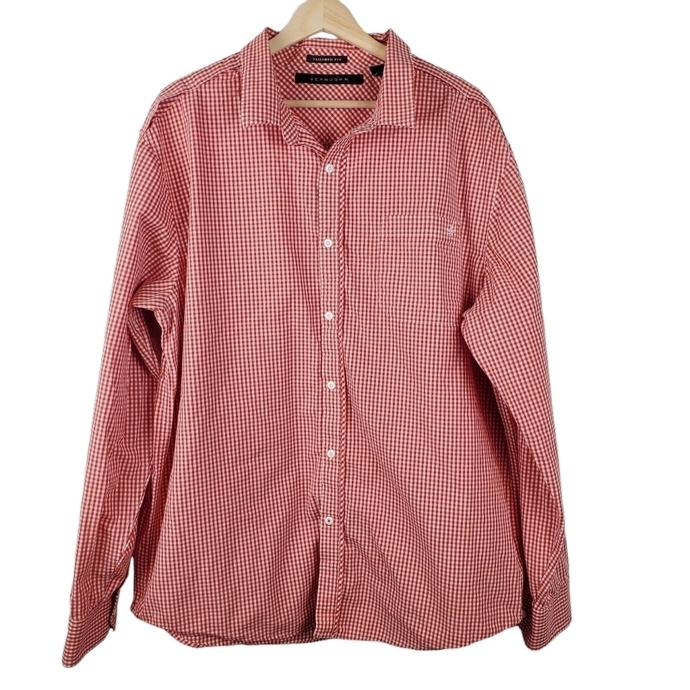 SEAN John Button up Shirt 3XL Red White Gingham Tailored fit Cotton Long Sleeve